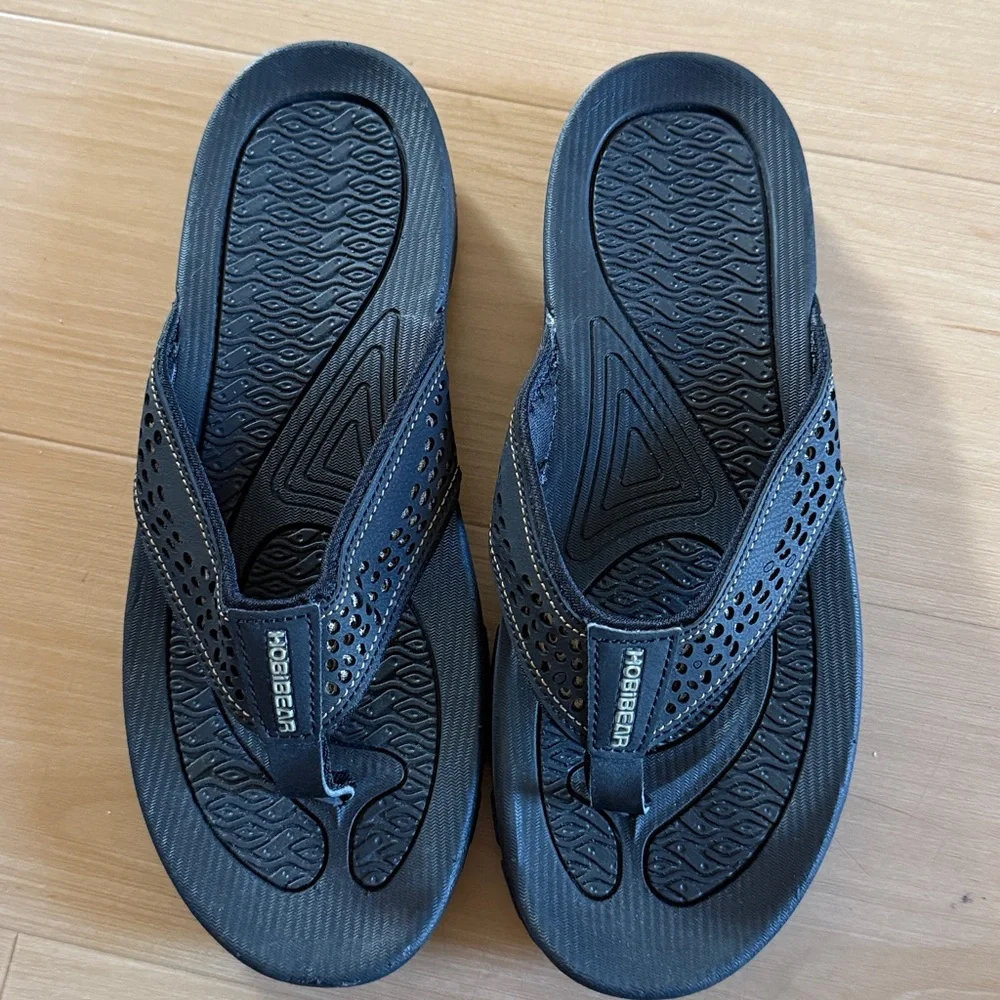 NWOT HOBIBEAR MEN FLIP FLOP THONG SANDAL INDOOR OUTDOOR ARCH SUPPORT BLACK SZ 8